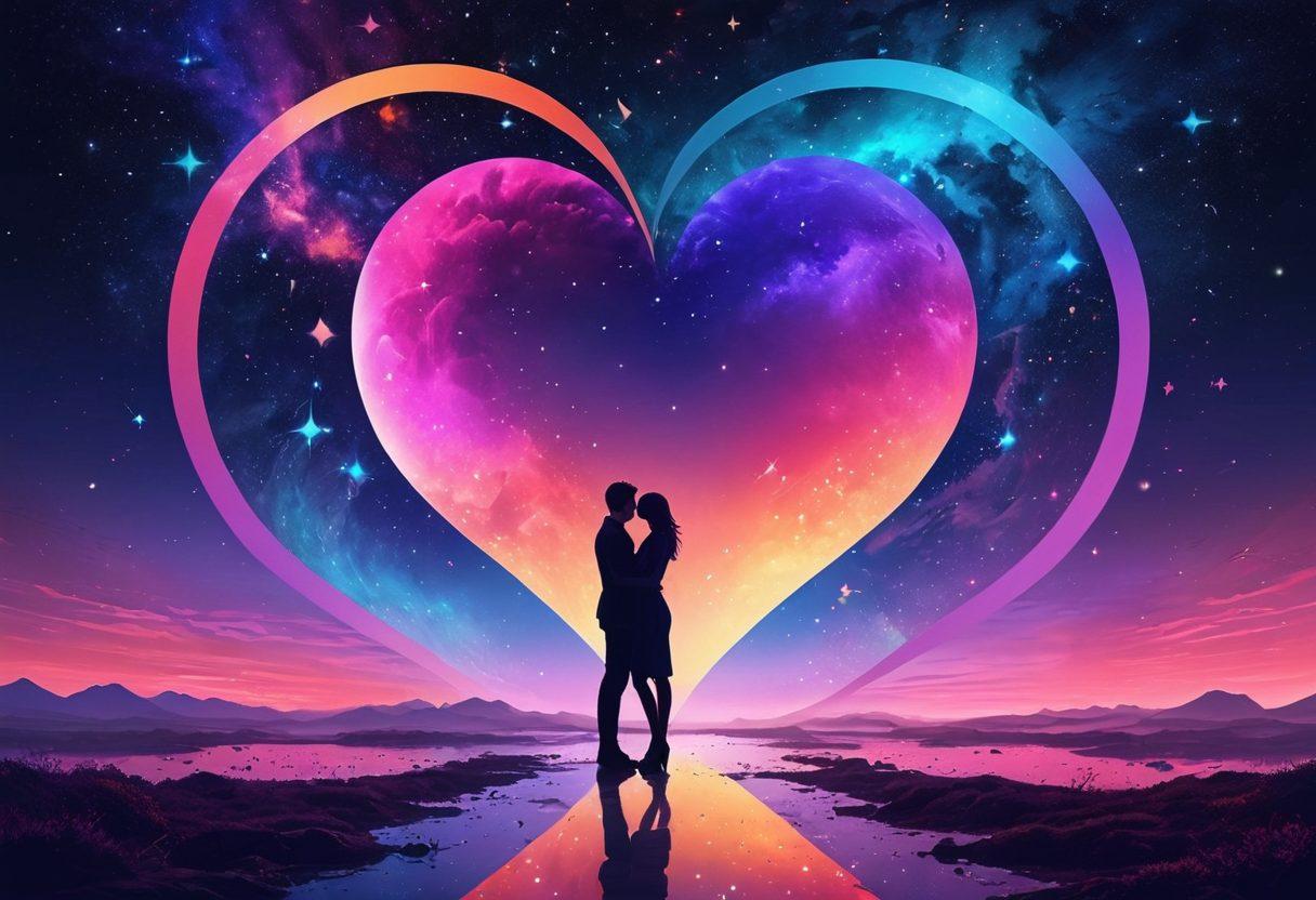 A beautiful digital landscape that merges art and technology, showcasing an ethereal couple intertwined in an embrace, surrounded by glowing abstract shapes and virtual stars. The scene should incorporate soft gradients and vibrant colors to evoke a sense of intimacy and connection in a digital world. Ethereal floating hearts and artistic symbols of love should be visible, enhancing the mood. surrealistic. vibrant colors. fantasy atmosphere.