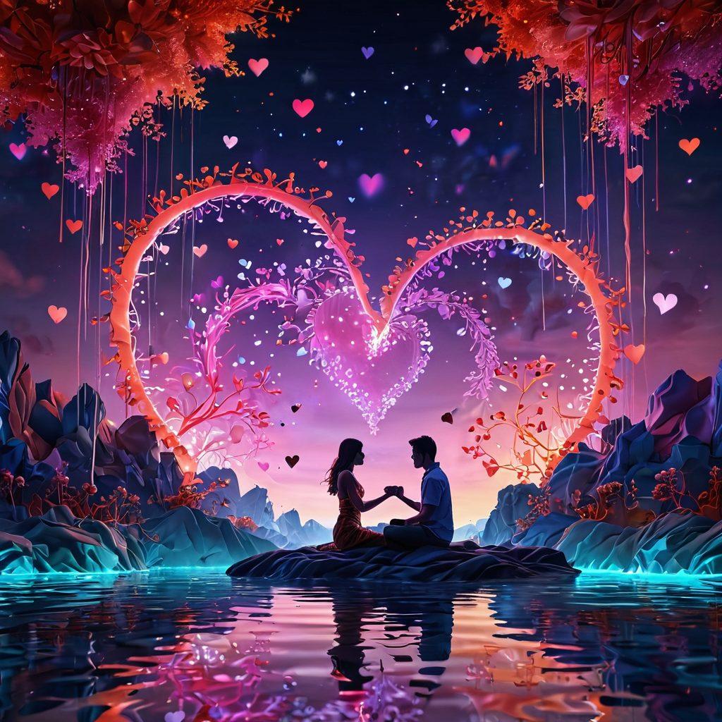 A captivating 3D artwork depicting a couple immersed in a digital love scene, intricately designed with glowing, ethereal elements symbolizing intimacy. The background features a surreal, virtual landscape with floating hearts and abstract shapes, enhancing the romantic atmosphere. Vivid colors blend harmoniously to evoke feelings of passion and connection. super-realistic. vibrant colors.
